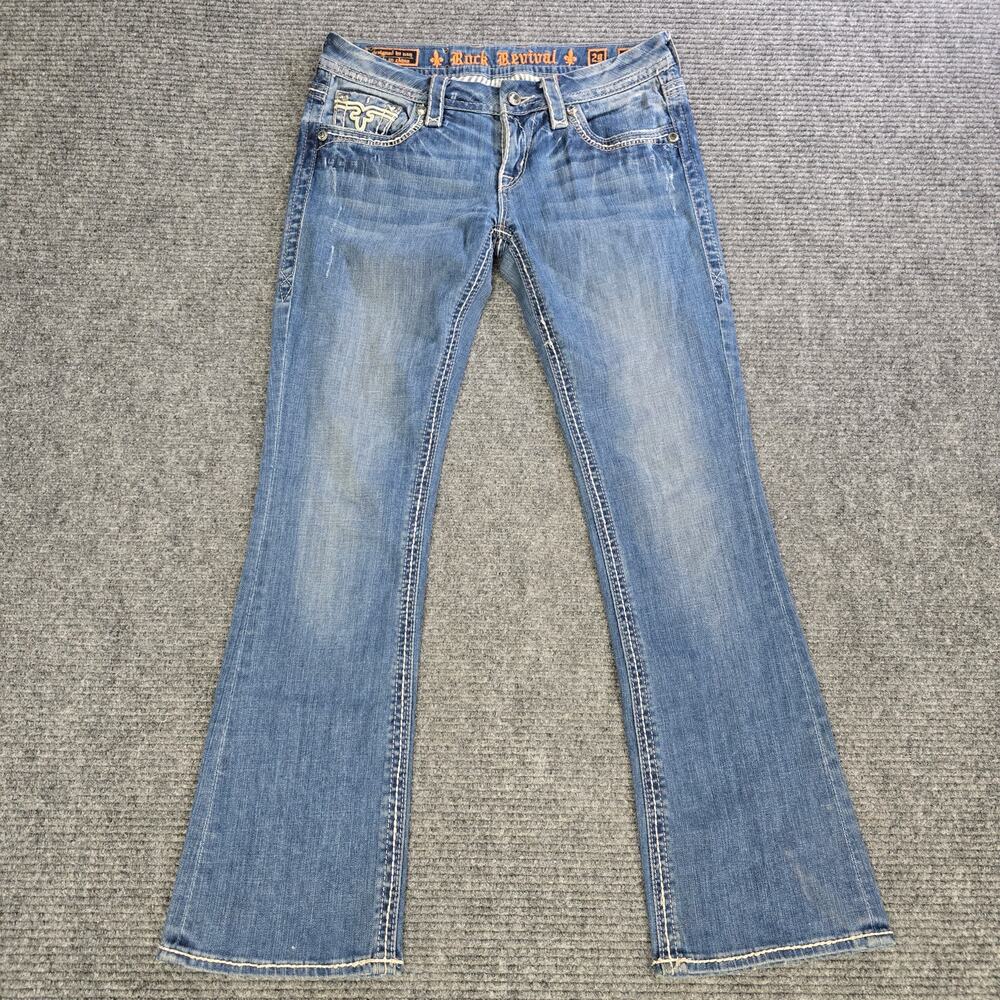 Rock Revival Jill Boot Jeans Womens 29x31 Blue Bootcut Rhinestone Flap
